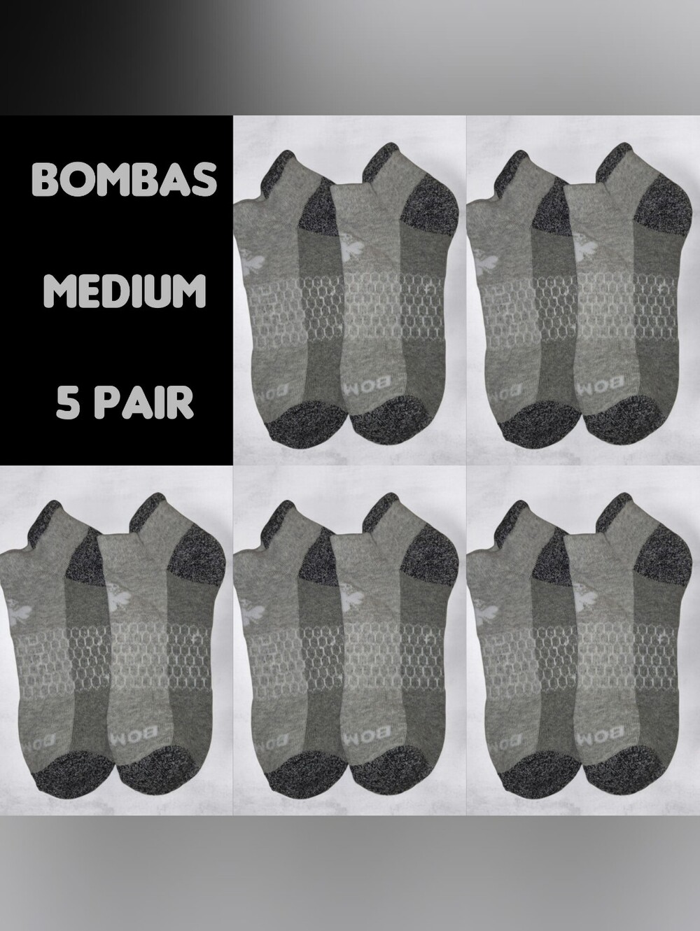 Bombas Medium Ankle Socks Gray Black White 5 Pair BNWT Unisex Honeycomb Arch Sup